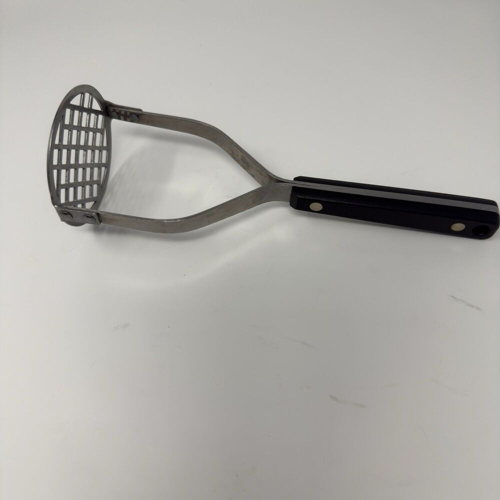 Vintage EKCO Flint Potato Masher Stainless Steel Black Handle Made in USA